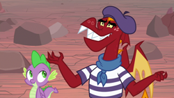 Size: 1280x720 | Tagged: safe, screencap, garble, spike, dragon, sweet and smoky, beatnik, beret, clothes, duo, hat, male, shirt, spread arms, striped shirt, winged spike