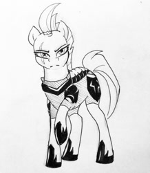 Size: 500x574 | Tagged: safe, artist:okay-owl, artist:okayowl, tempest shadow, pony, unicorn, armor, broken horn, eye scar, female, grayscale, horn, inktober 2017, looking at you, mare, monochrome, raised hoof, scar, simple background, solo, white background