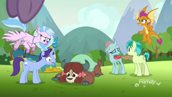 Size: 1920x1080 | Tagged: safe, derpibooru import, screencap, gallus, november rain, ocellus, sandbar, silverstream, smolder, yona, changedling, changeling, classical hippogriff, dragon, earth pony, griffon, hippogriff, pony, unicorn, yak, school raze, bow, cloven hooves, colored hooves, dragoness, female, flying, friendship student, hair bow, jewelry, kissing, male, monkey swings, necklace, stallion, student six, teenager