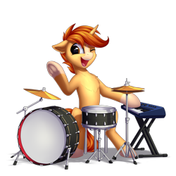 Size: 3000x3000 | Tagged: safe, artist:setharu, oc, oc only, pony, unicorn, chest fluff, drum kit, drums, keyboard, male, musical instrument, one eye closed, simple background, sitting, smiling, solo, stallion, transparent background, underhoof, wink