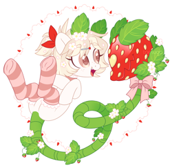 Size: 2440x2371 | Tagged: safe, artist:hawthornss, derpibooru import, oc, oc:kerma, oc:mansikka, monster pony, original species, piranha plant pony, plant pony, augmented tail, bow, choker, closed species, clothes, cute, cute little fangs, fangs, food, frog (hoof), hair bow, hairpin, monster mare, open mouth, plot, ribbon, simple background, smiling, socks, solo, strawberry, striped socks, transparent background, underhoof