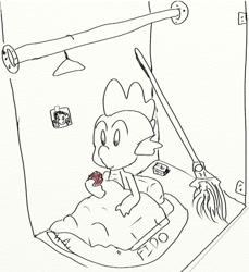 Size: 496x542 | Tagged: safe, derpibooru import, spike, dragon, bed, black and white, broom, closet, clothes hanger, drawthread, grayscale, monochrome, sketch
