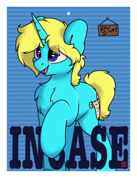 Size: 3000x3900 | Tagged: safe, artist:spoopygander, oc, oc only, oc:scribble note, pony, unicorn, badge, chest fluff, cute, looking up, male, open mouth, raised hoof, sign, smiling, solo, stallion, text