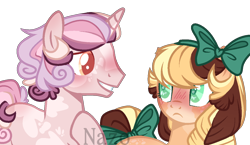 Size: 1222x708 | Tagged: safe, artist:owl-clockwork, derpibooru import, oc, oc only, oc:apple shy, earth pony, pony, unicorn, base used, blushing, bow, female, hair bow, heart eyes, male, mare, offspring, parent:applejack, parent:caramel, parents:carajack, simple background, stallion, tail bow, transparent background, watermark, wingding eyes