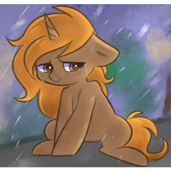 Size: 3000x3000 | Tagged: safe, artist:pesty_skillengton, derpibooru import, oc, oc only, oc:slypai, pony, unicorn, crying, cute, feels, hooves together, male, sad, sitting, slumped, solo, spread legs, spreading, stallion, weather, ych result