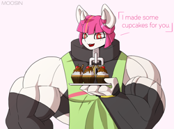 Size: 2700x2000 | Tagged: safe, artist:mopyr, oc, oc only, oc:fort, anthro, original species, anatomically incorrect, apron, clothes, collar, cupcake, cute, dialogue, female, fetish, food, gloves, horn, long gloves, muscle fetish, muscles, padlocked collar, solo