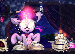 Size: 1146x829 | Tagged: safe, artist:ponycide, derpibooru import, twilight sparkle, pony, book, candle, female, glowing eyes, glowing horn, magic, mare, skull, solo