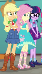 Size: 441x773 | Tagged: safe, derpibooru import, screencap, applejack, fluttershy, sci-twi, twilight sparkle, better together, equestria girls, rollercoaster of friendship, belt, boots, clothes, cowboy boots, cowboy hat, crossed arms, denim skirt, dress, feet, female, freckles, geode of fauna, geode of super strength, geode of telekinesis, glasses, hat, ponytail, sandals, shoes, skirt, socks, stetson