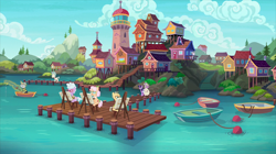 Size: 2100x1180 | Tagged: safe, screencap, apple rose, spike, twilight sparkle, twilight sparkle (alicorn), alicorn, dragon, pony, the point of no return, background pony, boat, easel, female, hill, lighthouse, male, mare, painting, pier, seaward shoals, stallion, unnamed pony, village, winged spike