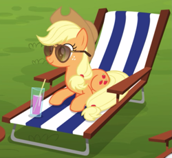 Size: 1077x987 | Tagged: safe, derpibooru import, screencap, applejack, earth pony, pony, the cart before the ponies, aviators, chair, cropped, drink, drinking glass, female, lawn chair, mare, prone, smiling, solo, straw, sunglasses