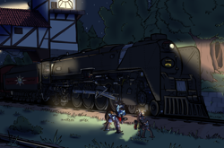 Size: 1280x846 | Tagged: safe, artist:cantershirecommons, derpibooru import, oc, oc only, oc:sorren, deer, antlers, building, candle, clothes, colored, grass, hat, lantern, locomotive, night, railroad, spotlight, toolbelt, train, tree, wing hands, wings