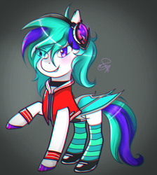 Size: 2071x2309 | Tagged: safe, artist:hanaty, derpibooru import, oc, oc only, oc:pearl last dreamy, bat pony, bat pony oc, clothes, female, gradient background, headphones, mare, simple background, smiling, socks, solo, striped socks