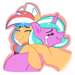 Size: 1200x1200 | Tagged: safe, oc, oc only, oc:ember, oc:ember (hwcon), oc:mane event, earth pony, pony, unicorn, bronycon, crying, duo, dutch cap, female, hat, hearth's warming con, hug, mare, mascot, netherlands