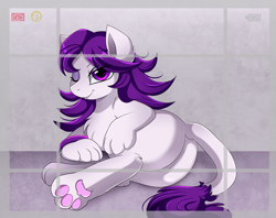 Size: 2516x1989 | Tagged: safe, artist:pridark, derpibooru import, oc, oc only, oc:mira, sphinx, camera shot, chest fluff, commission, eyeshadow, female, leonine tail, looking at you, looking back, makeup, one eye closed, paws, plot, purple eyes, smiling, solo, sphinx oc, underpaw, wink