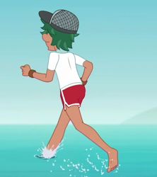 Size: 480x540 | Tagged: safe, derpibooru import, screencap, timber spruce, better together, equestria girls, turf war, barefoot, cap, clothes, cropped, feet, hat, legs, lifeguard, lifeguard timber, male, male feet, rear view, shorts, toes, underfoot, water