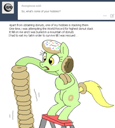 Size: 621x690 | Tagged: safe, artist:askdonutstoles, derpibooru import, oc, oc only, oc:donut stoles, earth pony, pony, ask, bipedal, dialogue, donut, female, food, mare, open mouth, simple background, solo, stacking, step stool, tumblr, tumblr:ask donut stoles, white background