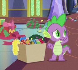 Size: 254x228 | Tagged: safe, derpibooru import, screencap, spike, dragon, best gift ever, box, cropped, male, solo, tail, winged spike