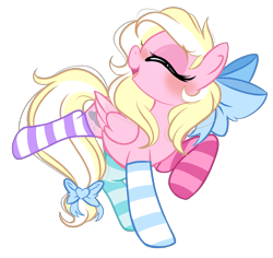 Size: 2573x2430 | Tagged: safe, artist:emberslament, oc, oc only, oc:bay breeze, pegasus, pony, 2020 community collab, blushing, bow, clothes, cute, derpibooru community collaboration, eyes closed, female, hair bow, mare, mismatched socks, ocbetes, open mouth, simple background, socks, solo, striped socks, tail bow, transparent background