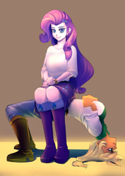 Size: 700x990 | Tagged: safe, artist:bakki, applejack, rarity, equestria girls, appleseat, backbend, boots, clothes, crossed arms, female, jeans, pants, shoes, sitting, sitting on person, skirt, tablejack