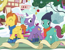 Size: 765x588 | Tagged: safe, derpibooru import, screencap, earth pony, pegasus, pony, unicorn, best gift ever, autumn leaf, background pony, checklist, clothes, cropped, cutie mark, male, scarf, smiling, trio, trio male, winter outfit