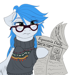 Size: 1350x1350 | Tagged: safe, artist:djm30wm1x, derpibooru import, oc, oc only, oc:stormpone, pegasus, pony, clothes, equestria daily, female, glasses, mare, messy mane, newspaper, no country for old men, simple background, solo, sweater, tired, transparent background