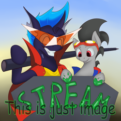 Size: 1000x1000 | Tagged: safe, artist:rubiont, derpibooru import, oc, oc:change, oc:rubiont, changeling, earth pony, pony, changeling oc, clothes, cosplay, costume, drawing, glasses, goggles, livestream, pencil, size difference, streamers, tengen toppa gurren lagann, text