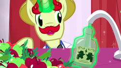 Size: 1439x809 | Tagged: safe, derpibooru import, screencap, flam, pony, unicorn, leap of faith, apple, bottle, facial hair, flim flam miracle curative tonic, food, leaf, magic, magic aura, male, moustache, solo, stallion, telekinesis