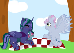 Size: 1024x731 | Tagged: safe, artist:raventhatflieshigh, derpibooru import, oc, oc:firefly, oc:oleander, oc:turquoise edge, alicorn, changepony, hybrid, pegasus, pony, alicorn oc, female, grandmother and grandchild, interspecies offspring, kindverse, lesbian, magical lesbian spawn, mandibles, offspring, offspring's offspring, parent:limestone pie, parent:oc:holly-hay carol, parent:oc:parasite, parent:princess luna, parent:queen chrysalis, parent:zephyr breeze, parents:chrysaluna, parents:zephyrstone