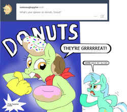 Size: 753x667 | Tagged: safe, artist:askdonutstoles, derpibooru import, lyra heartstrings, oc, oc:donut stoles, earth pony, pony, unicorn, ask, clothes, dialogue, donut, duo, female, food, frosted flakes, gloves, hand, mare, open mouth, parody, that pony sure does love hands, thumbs up, tumblr, tumblr:ask donut stoles