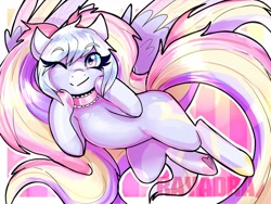 Size: 1024x768 | Tagged: safe, artist:rayadra, oc, oc only, oc:estarstellar, pony, abstract background, choker, clothes, colored hooves, female, frog (hoof), long hair, looking at you, mare, multicolored hair, multicolored tail, one eye closed, pegasus oc, pigtails, smiling, solo, spread wings, underhoof, underwear, wings, wink