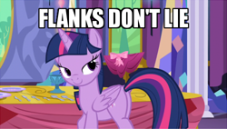 Size: 500x283 | Tagged: safe, derpibooru import, edit, edited screencap, screencap, twilight sparkle, twilight sparkle (alicorn), alicorn, no second prances, bedroom eyes, caption, context is for the weak, eyebrows, female, hips don't lie, image macro, meme, plot, text