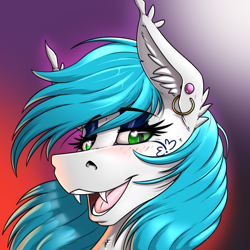 Size: 2000x2000 | Tagged: safe, artist:twotail813, derpibooru import, oc, oc only, oc:power note, bat pony, pony, bat pony oc, bedroom eyes, bust, ear piercing, earring, eyelashes, eyeshadow, fangs, jewelry, makeup, open mouth, piercing, portrait, rcf community, tattoo