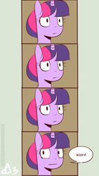 Size: 2815x5000 | Tagged: safe, artist:icychamber, derpibooru import, twilight sparkle, pony, alternate hairstyle, bust, comic, female, hair bun, mare, reaction, reaction image, solo, speech, speech bubble, style emulation, weird