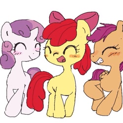 Size: 600x600 | Tagged: safe, artist:ume89s, derpibooru import, apple bloom, scootaloo, sweetie belle, pony, blushing, cutie mark crusaders, eyes closed, female, filly, mare, open mouth, smiling