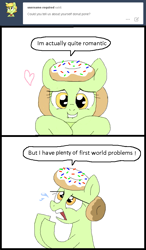 Size: 655x1123 | Tagged: safe, artist:askdonutstoles, derpibooru import, oc, oc only, oc:donut stoles, earth pony, pony, 2 panel comic, ask, comic, crying, dialogue, female, first world problems, floating heart, heart, lip bite, looking at you, mare, open mouth, simple background, smiling, solo, tumblr, tumblr:ask donut stoles, white background