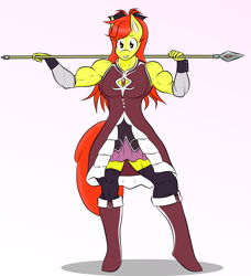 Size: 1280x1406 | Tagged: safe, artist:matchstickman, derpibooru import, apple bloom, anthro, earth pony, plantigrade anthro, apple bloomed, apple brawn, biceps, breasts, clothes, cosplay, costume, deltoids, female, halloween, halloween costume, kyoko sakura, looking at you, magical girl, mare, matchstickman's apple brawn series, muscles, nightmare night costume, older, older apple bloom, pink background, puella magi madoka magica, sakura kyouko, simple background, solo, spear, tumblr comic, tumblr:where the apple blossoms, weapon