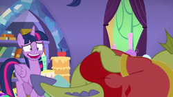 Size: 1280x720 | Tagged: safe, derpibooru import, screencap, sludge (g4), twilight sparkle, twilight sparkle (alicorn), alicorn, father knows beast, cake, food, out of context