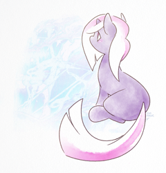 Size: 859x895 | Tagged: safe, artist:egophiliac, derpibooru import, powder, pony, unicorn, g1, abstract background, female, g1 to g4, generation leap, mare, signature, sitting, solo