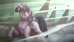 Size: 3840x2162 | Tagged: safe, artist:icychamber, derpibooru import, twilight sparkle, unicorn twilight, changeling, pony, unicorn, chest fluff, cutie mark, dock, female, mare, raised hoof, smiling, solo