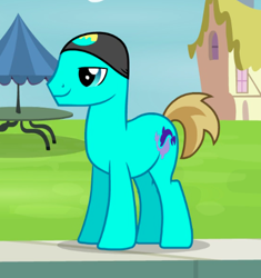 Size: 414x440 | Tagged: safe, derpibooru import, screencap, earth pony, pony, leap of faith, background pony, cropped, eyes closed, hat, male, solo, stallion, swimming cap, unnamed pony