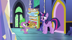 Size: 1280x720 | Tagged: safe, derpibooru import, screencap, spike, twilight sparkle, twilight sparkle (alicorn), alicorn, dragon, father knows beast, cake, cupcake, food, muffin, winged spike