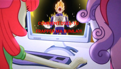 Size: 1256x720 | Tagged: safe, edit, edited screencap, screencap, apple bloom, sweetie belle, equestria girls, equestria girls (movie), angry, dragon ball z: battle of gods, french, meme, rage, rage face, screaming, super saiyan, vegeta