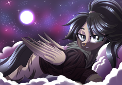 Size: 3194x2238 | Tagged: source needed, useless source url, safe, alternate version, artist:ask-colorsound, oc, oc only, oc:rhea, pegasus, pony, bomber jacket, clothes, cloud, colored wings, female, full moon, gradient wings, jacket, looking at you, mare, moon, night, night sky, nose piercing, nose ring, piercing, ponytail, prone, sky, slit eyes, smiling, solo, starry night, stars, wings