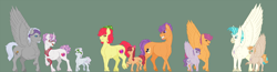 Size: 4472x1166 | Tagged: safe, artist:ganashiashaka, derpibooru import, apple bloom, chipcutter, scootaloo, sweetie belle, tender taps, terramar, oc, oc:blazer, oc:lunar luck, oc:marble chord, oc:terra taps, classical hippogriff, classical unicorn, earth pony, hippogriff, pony, unicorn, bandana, chipbelle, clothes, cloven hooves, colt, curved horn, cutie mark, cutie mark crusaders, female, filly, foal, glasses, horn, interspecies, male, mare, offspring, older, older apple bloom, older scootaloo, older sweetie belle, parent:apple bloom, parent:chipcutter, parent:tender taps, parent:terramar, parents:chipbelle, parents:tenderbloom, parents:terraloo, raised hoof, realistic horse legs, scarf, shipping, spread wings, stallion, straight, tenderbloom, terraloo, the cmc's cutie marks, unshorn fetlocks, wings