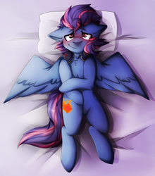 Size: 1280x1456 | Tagged: safe, artist:oddends, derpibooru import, oc, oc only, oc:lost, pegasus, pony, bed, holding leg, on bed, solo