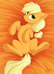 Size: 1600x2200 | Tagged: safe, artist:wolfypon, derpibooru import, applejack, earth pony, pony, dock, ear fluff, featureless crotch, female, frog (hoof), hairband, looking at you, mare, on back, signature, smiling, solo, underhoof