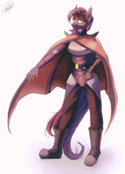 Size: 2600x3600 | Tagged: safe, artist:orfartina, derpibooru import, oc, oc only, oc:dawn sentry, anthro, bat pony, plantigrade anthro, anthro oc, bat pony oc, belt, boots, cape, clothes, female, mare, shoes, signature, simple background, smiling, solo, white background