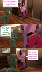 Size: 1920x3240 | Tagged: safe, artist:red4567, derpibooru import, humdrum, masked matter-horn, 3d, angst, clothes, comic, dark, humdrum (pony), implied rarity, incredibles 2, new design, power ponies, source filmmaker, suit, the incredibles