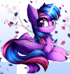 Size: 3386x3585 | Tagged: safe, artist:kaleido-art, derpibooru import, twilight sparkle, twilight sparkle (alicorn), alicorn, pony, chest fluff, ear fluff, female, magic, mare, smiling, solo