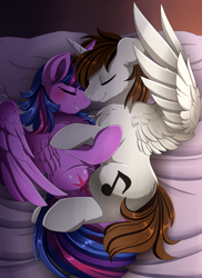 Size: 2550x3509 | Tagged: safe, artist:pridark, derpibooru import, twilight sparkle, twilight sparkle (alicorn), oc, oc:neo star, alicorn, pony, alicorn oc, bed, blushing, canon x oc, commission, couple, eyes closed, female, hug, male, mare, nuzzling, sleeping, snuggling, stallion, starkle, straight